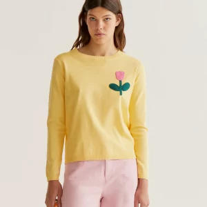 Jersey punto amarillo con bordado de tulipán rosado